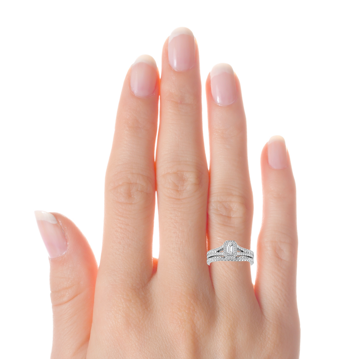 Emerald Cut Moissanite Bridal Ring Set 14K White Gold Ring