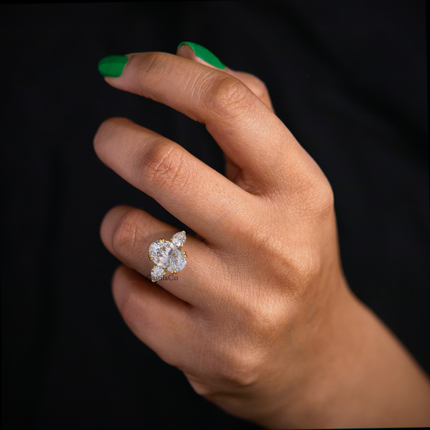 Three stone oval cut diamond engagement ring - Oval cut lab grown diamond engagement ring - Oval and Pear lab diamond gold wedding ring