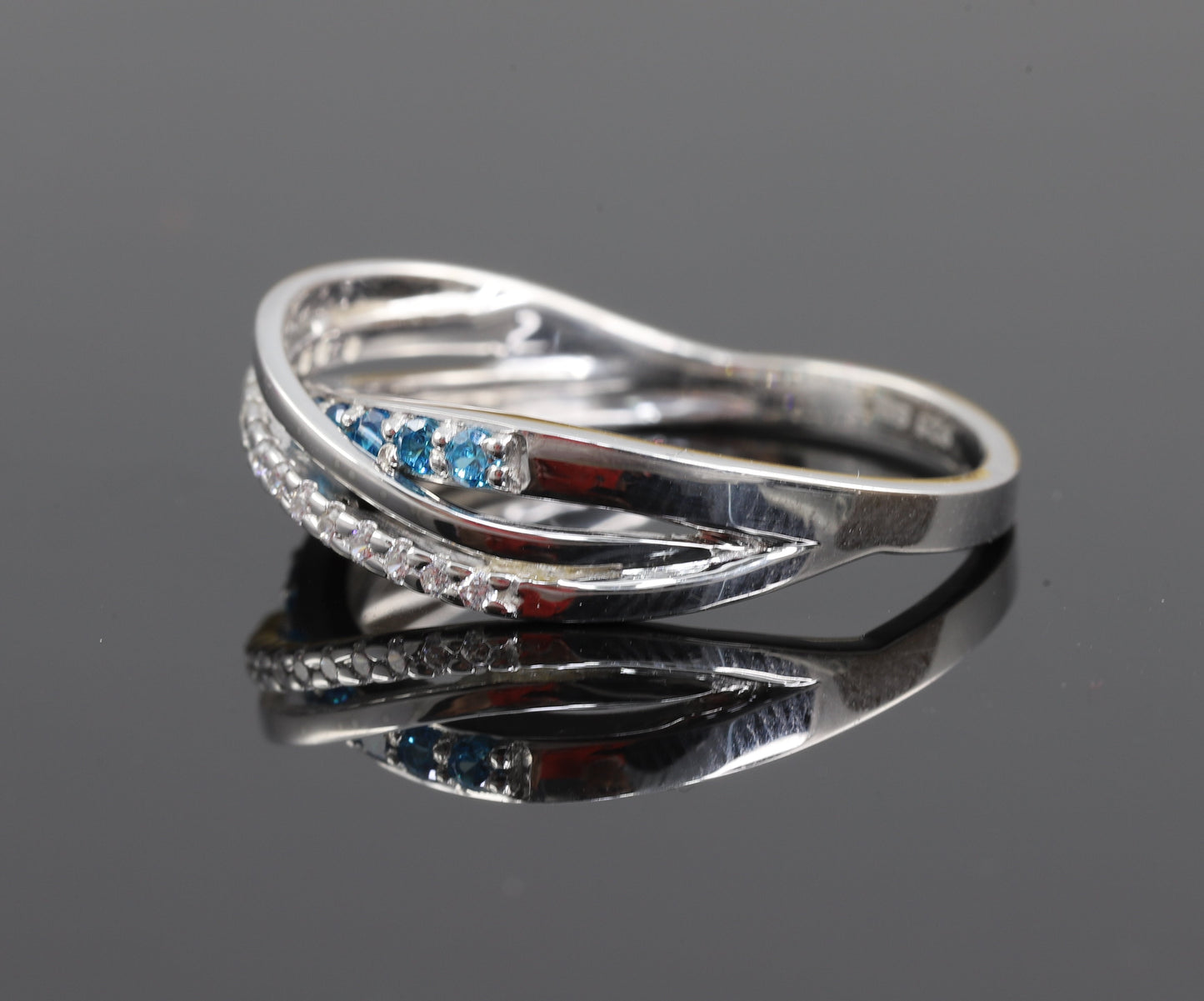 Cross Over Aqua Blue Moissanite Wedding Band
