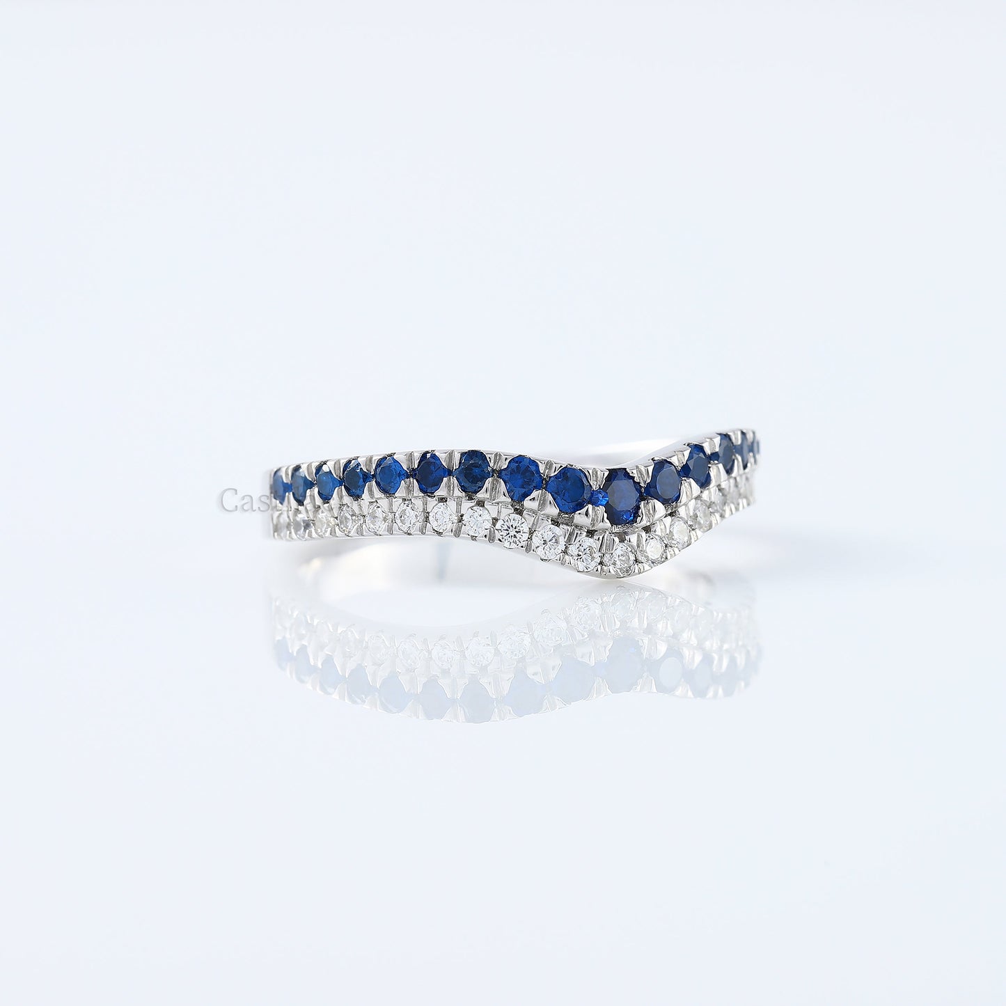 Curved Round and Sapphire Diamond Wedding Band