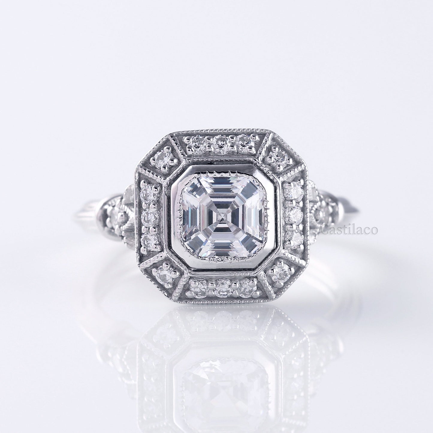 Asscher Moissanite Diamond Art Deco Engagement Ring