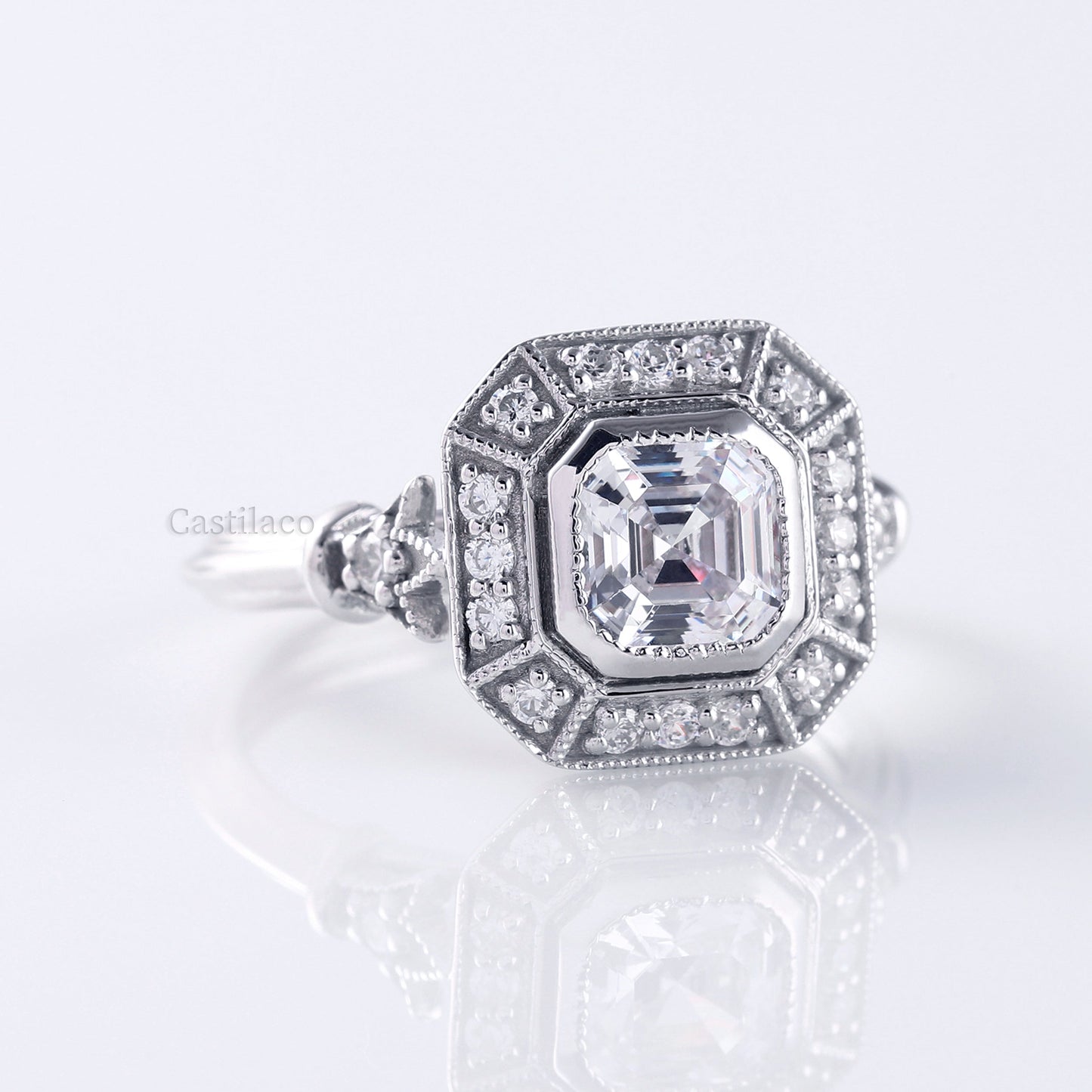 Asscher Moissanite Diamond Art Deco Engagement Ring