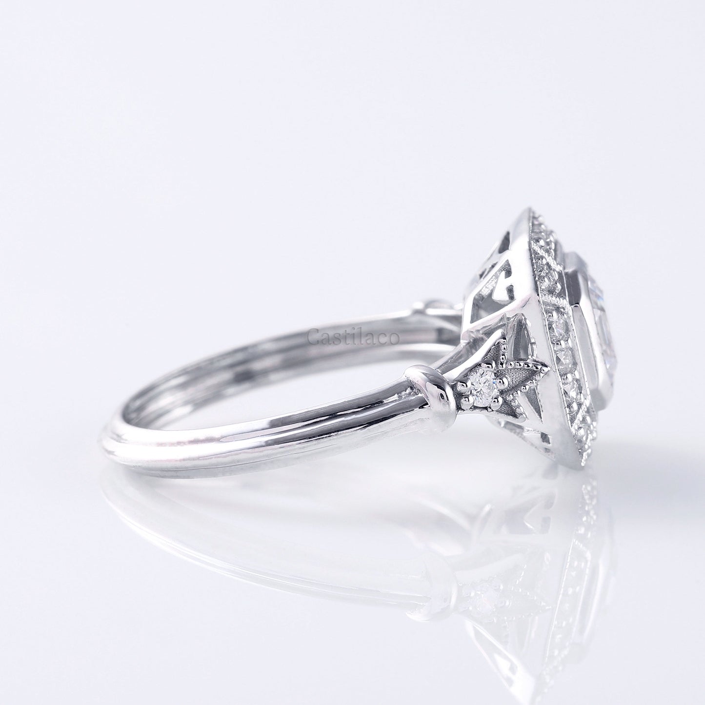 Asscher Moissanite Diamond Art Deco Engagement Ring