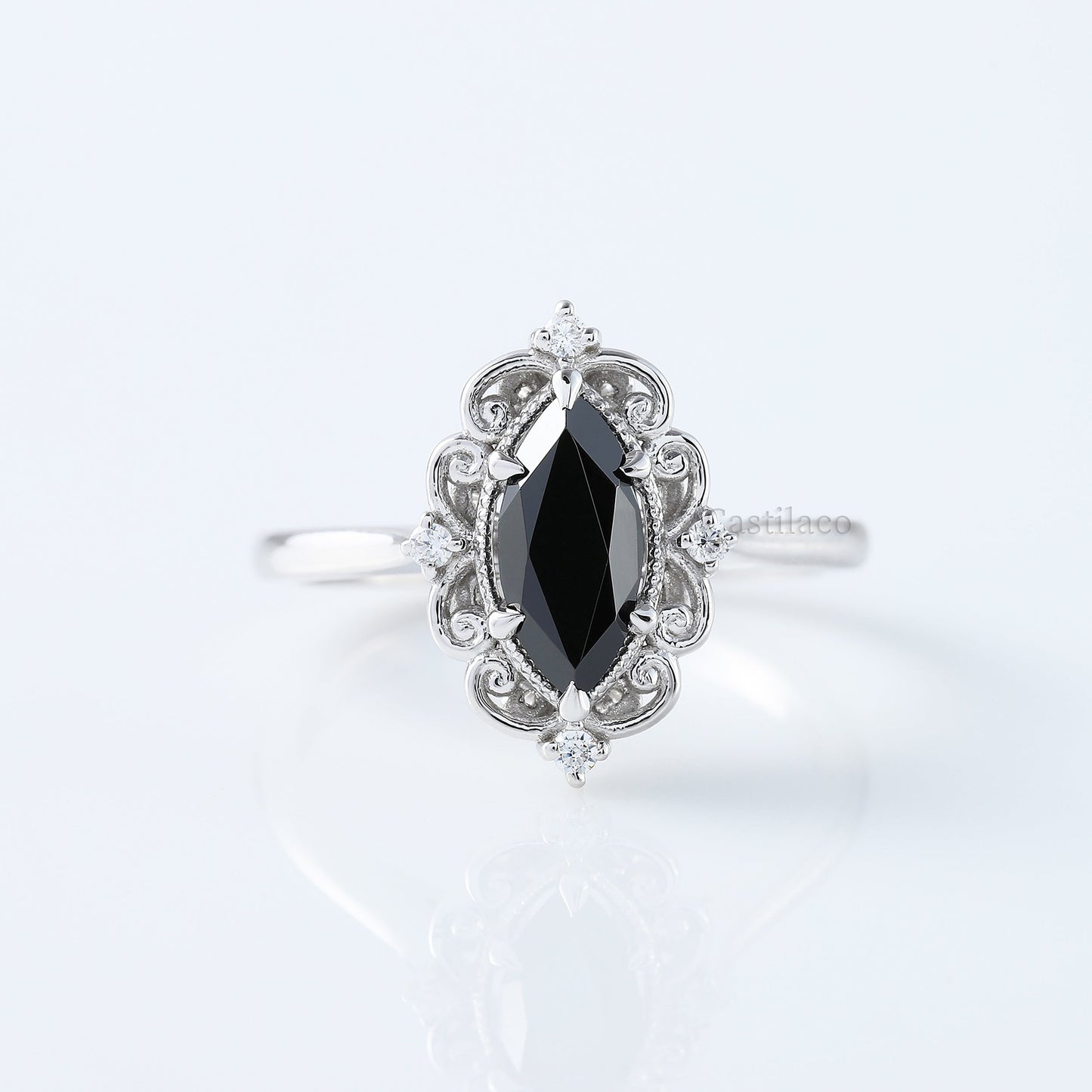Black Marquise Moisanite Diamond Vintage 14K White Gold Ring