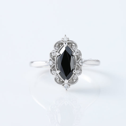 Black Marquise Moisanite Diamond Vintage 14K White Gold Ring