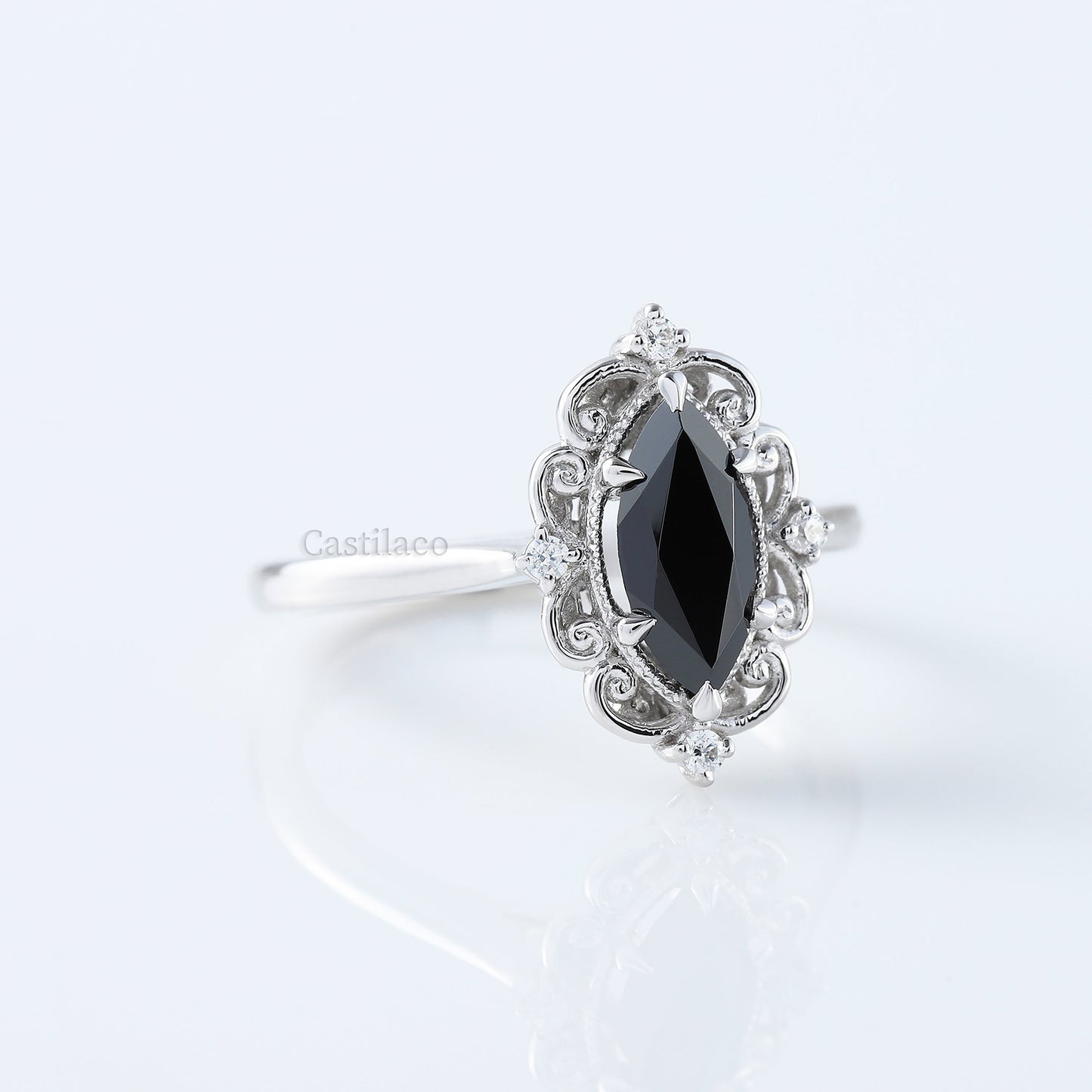 Black Marquise Moisanite Diamond Vintage 14K White Gold Ring